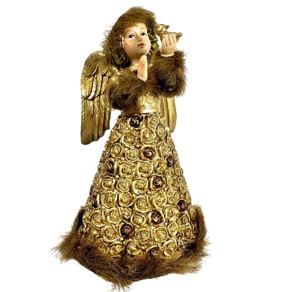 Cracker Barrel Season of Glory Gold Angel with Bird Faux Fur Trim Vintage-Nice! - Picture 1 of 8